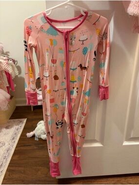 Little Sleepies Pink Balloon & Animals Zip One-Piece Footie Pajamas